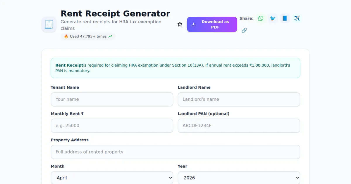 Rent Receipt Generator — Free Online Tool on SabTools.in