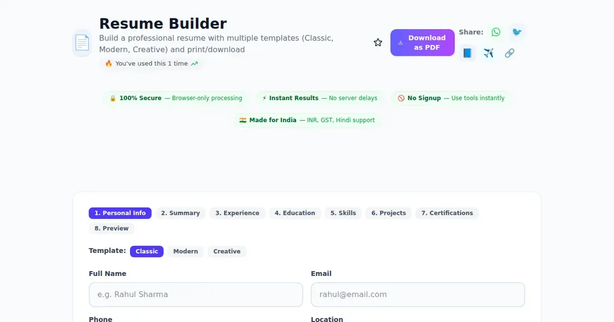 Resume Builder — Free Online Build a professional resume with multiple templates (Classic, Modern, Creative) and print/download Tool on SabTools.in