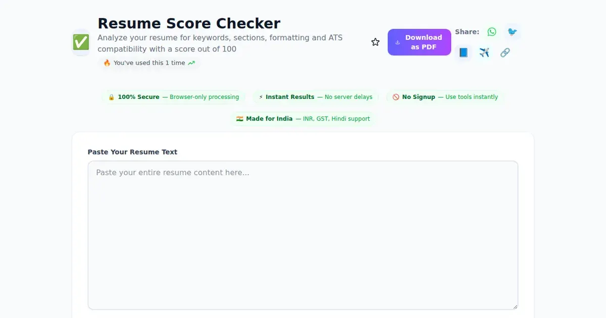 Resume Score Checker — Free Online Analyze your resume for keywords, sections, formatting and ATS compatibility with a score out of 100 Tool on SabTools.in