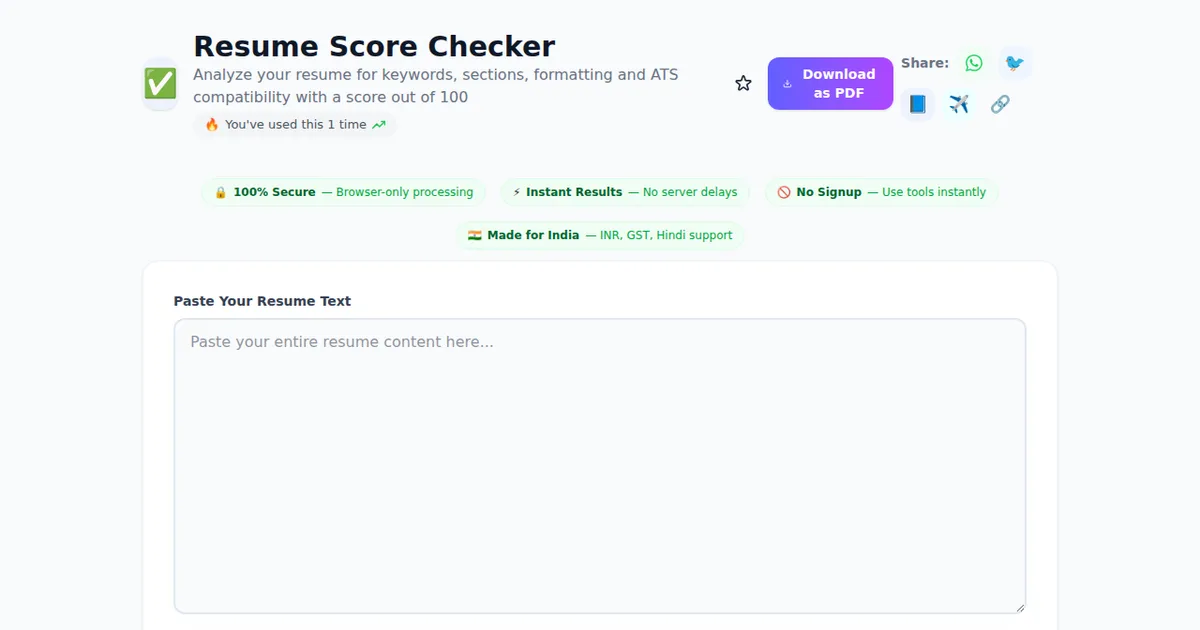 Resume Score Checker โ Free Online Tool on SabTools.in