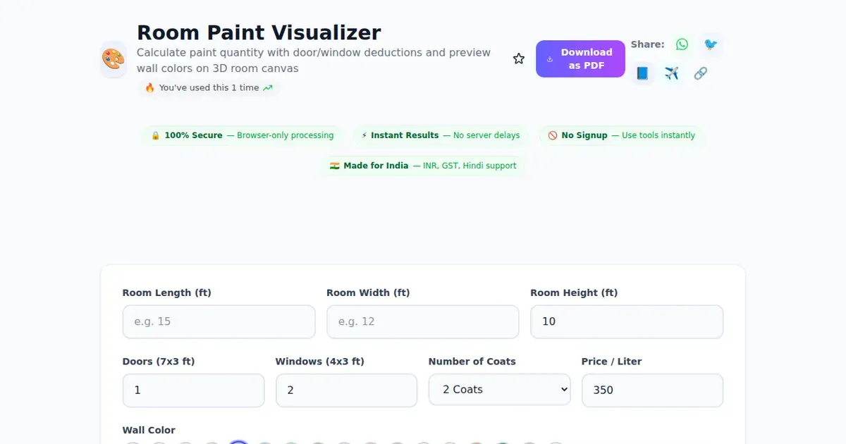 Room Paint Visualizer — Free Online Calculate paint quantity with door/window deductions and preview wall colors on 3D room canvas Tool on SabTools.in