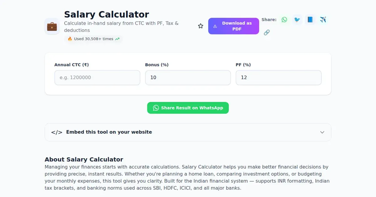 Salary Calculator — Free Online Calculate in-hand salary from CTC with PF, Tax & deductions Tool on SabTools.in