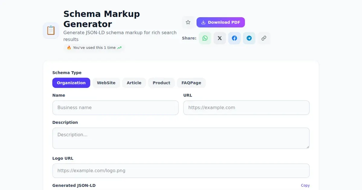 Schema Markup Generator — Free Online Generate JSON-LD schema markup for rich search results Tool on SabTools.in