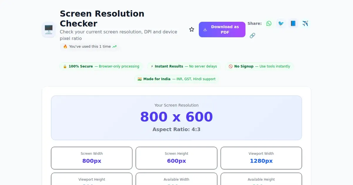 Screen Resolution Checker — Free Online Check your current screen resolution, DPI and device pixel ratio Tool on SabTools.in