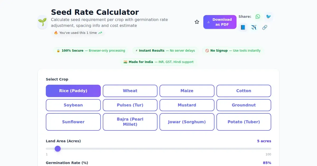 Seed Rate Calculator — Free Online Calculate seed requirement per crop with germination rate adjustment, spacing info and cost estimate Tool on SabTools.in