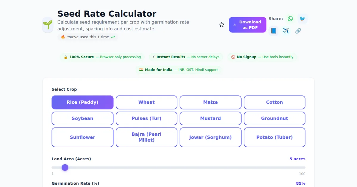 Seed Rate Calculator — Free Online Tool on SabTools.in