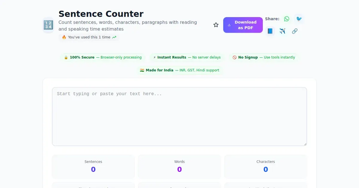 Sentence Counter — Free Online Count sentences, words, characters, paragraphs with reading and speaking time estimates Tool on SabTools.in
