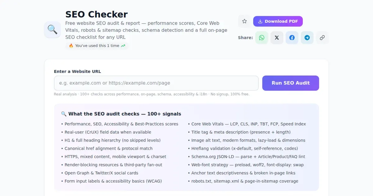 SEO Checker — Free Online Free website SEO audit & report — performance scores, Core Web Vitals, robots & sitemap checks, schema detection and a full on-page SEO checklist for any URL Tool on SabTools.in