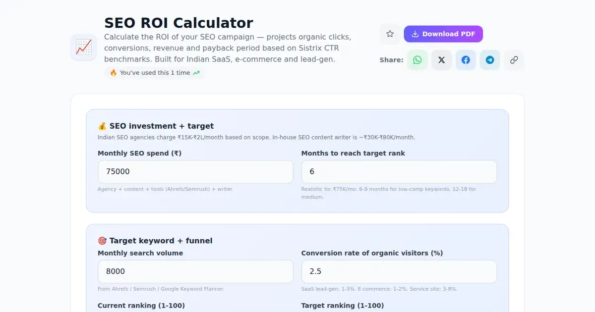 SEO ROI Calculator — Free Online Calculate the ROI of your SEO campaign — projects organic clicks, conversions, revenue and payback period based on Sistrix CTR benchmarks. Built for Indian SaaS, e-commerce and lead-gen. Tool on SabTools.in