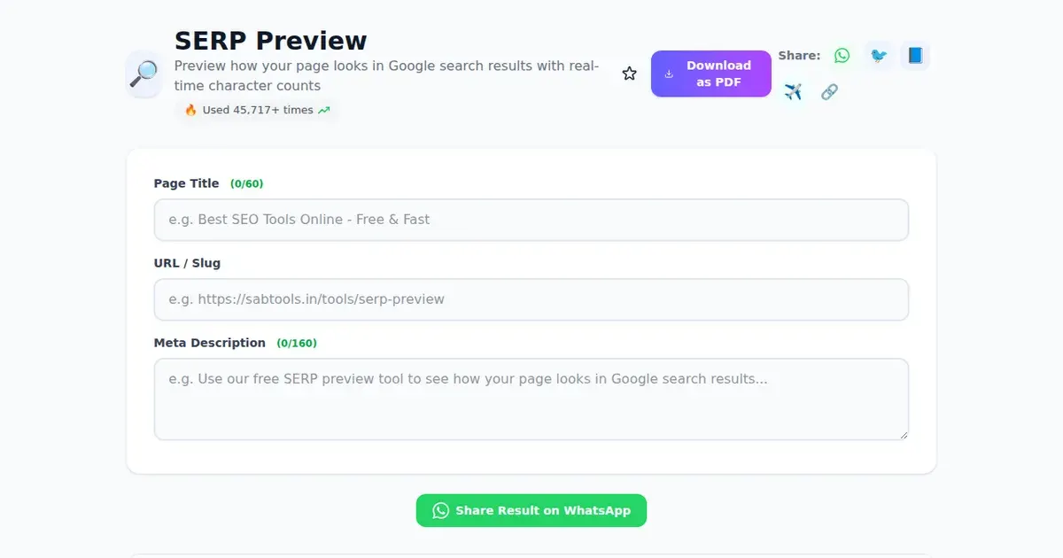SERP Preview — Free Online Preview how your page looks in Google search results with real-time character counts Tool on SabTools.in