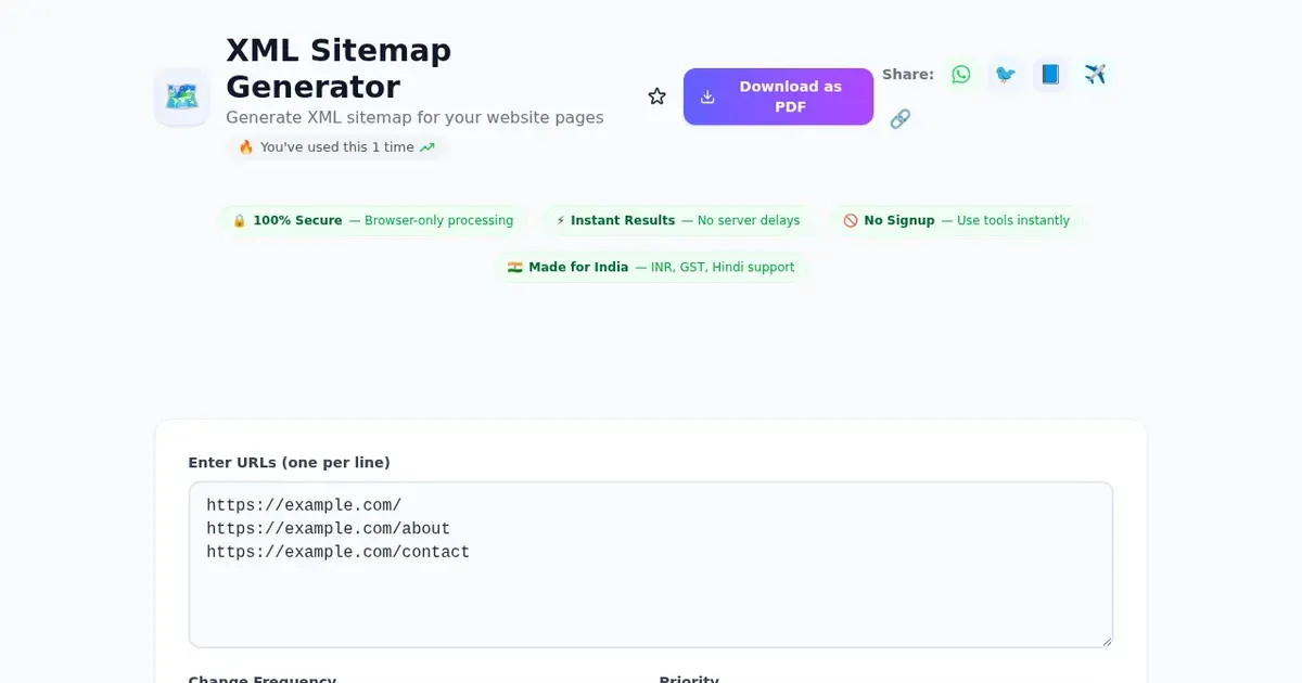 XML Sitemap Generator — Free Online Generate XML sitemap for your website pages Tool on SabTools.in