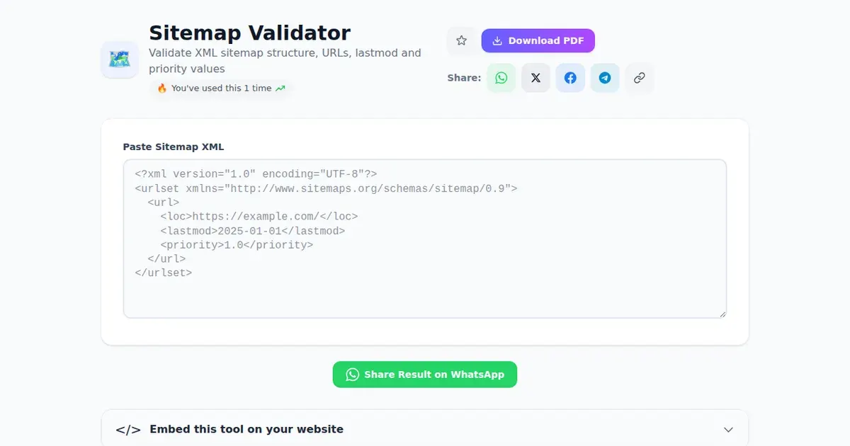 Sitemap Validator — Free Online Validate XML sitemap structure, URLs, lastmod and priority values Tool on SabTools.in