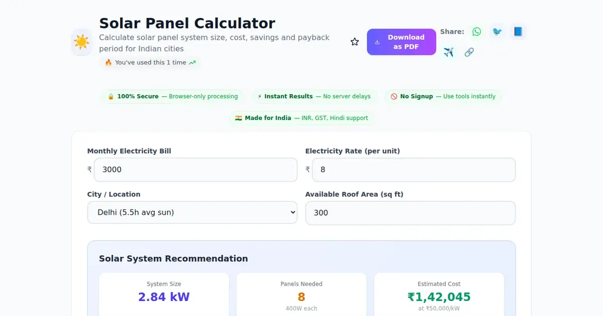 Solar Panel Calculator — Free Online Calculate solar panel system size, cost, savings and payback period for Indian cities Tool on SabTools.in