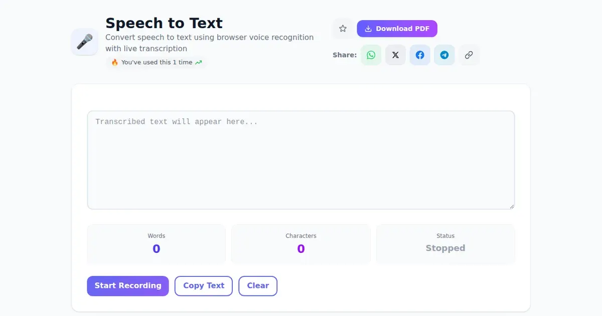 Speech to Text — Free Online Convert speech to text using browser voice recognition with live transcription Tool on SabTools.in