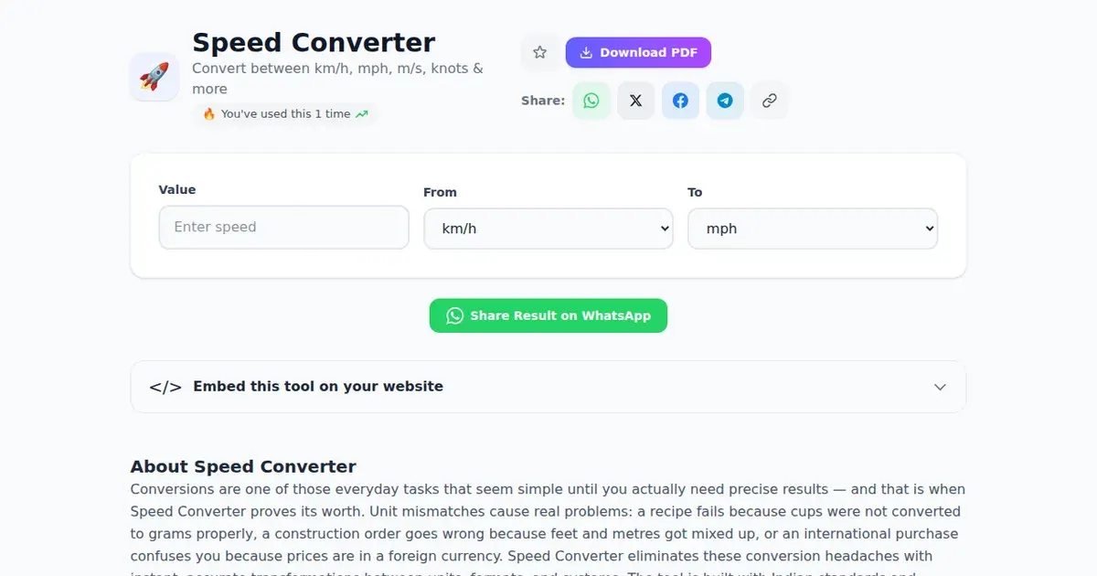 Speed Converter — Free Online Convert between km/h, mph, m/s, knots & more Tool on SabTools.in