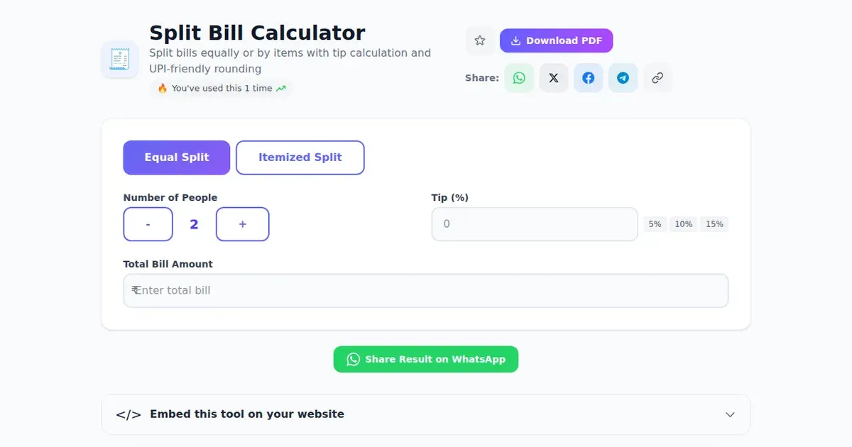 Split Bill Calculator — Free Online Split bills equally or by items with tip calculation and UPI-friendly rounding Tool on SabTools.in