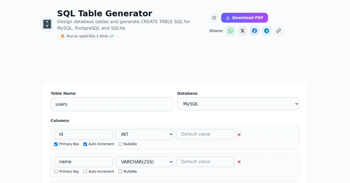 SQL Table Generator — Free Online Design database tables and generate CREATE TABLE SQL for MySQL, PostgreSQL and SQLite Tool on SabTools.in