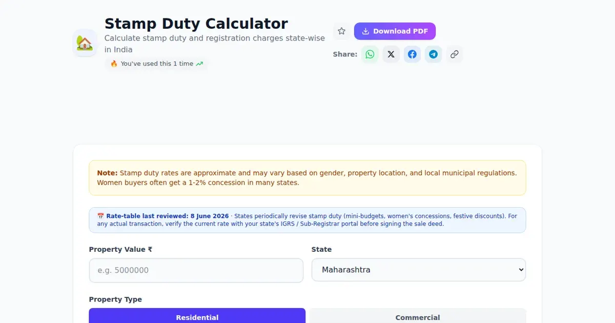 Stamp Duty Calculator — Free Online Calculate stamp duty and registration charges state-wise in India Tool on SabTools.in