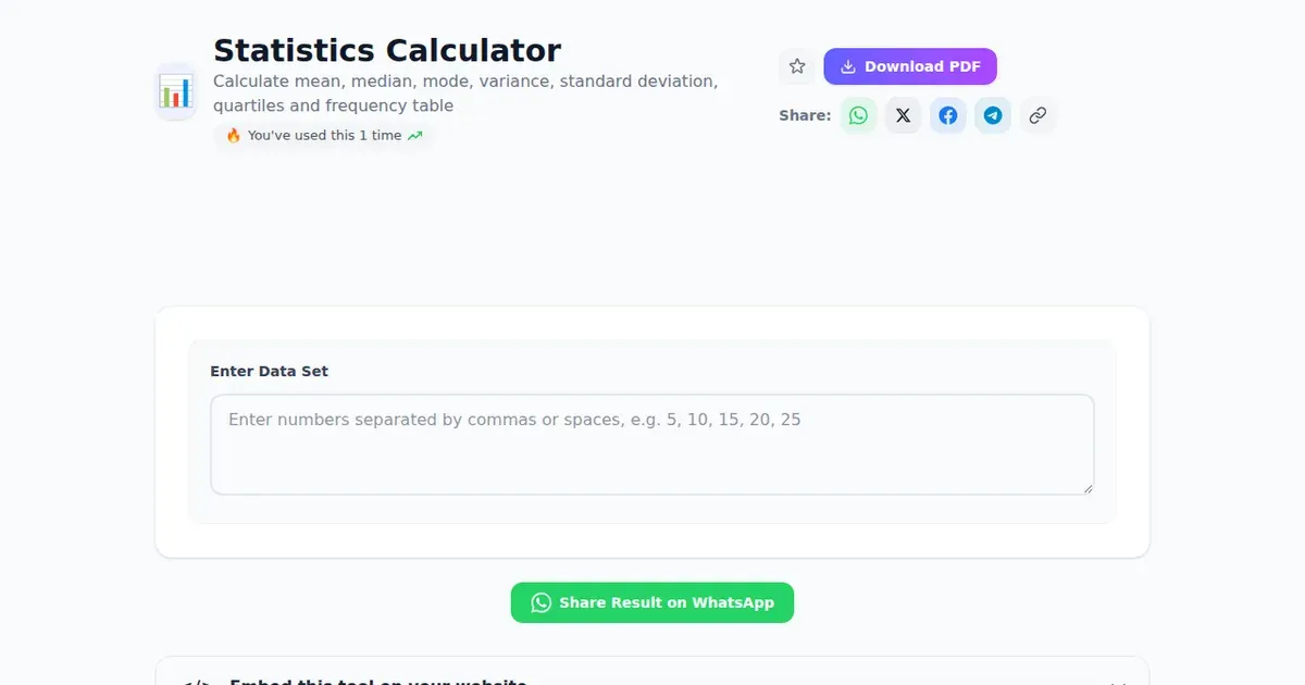 Statistics Calculator — Free Online Calculate mean, median, mode, variance, standard deviation, quartiles and frequency table Tool on SabTools.in