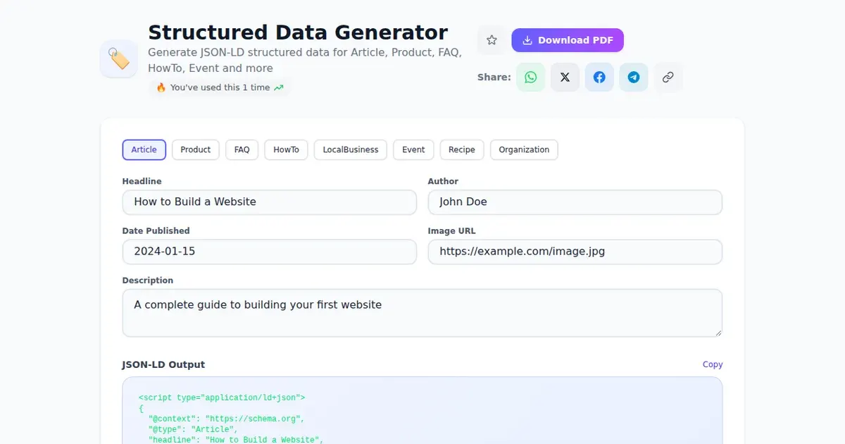 Structured Data Generator — Free Online Generate JSON-LD structured data for Article, Product, FAQ, HowTo, Event and more Tool on SabTools.in