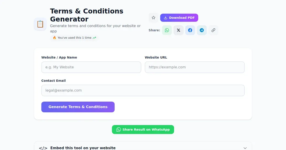 Terms & Conditions Generator — Free Online Generate terms and conditions for your website or app Tool on SabTools.in