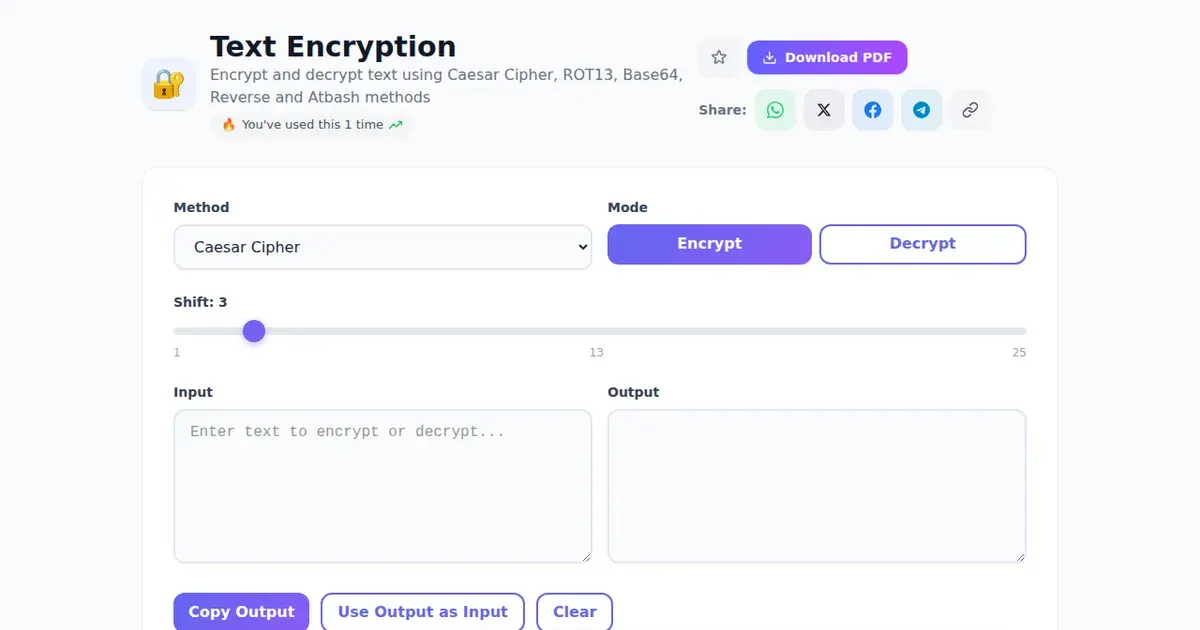 Text Encryption — Free Online Encrypt and decrypt text using Caesar Cipher, ROT13, Base64, Reverse and Atbash methods Tool on SabTools.in