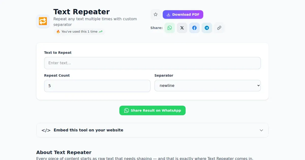 Text Repeater — Free Online Repeat any text multiple times with custom separator Tool on SabTools.in