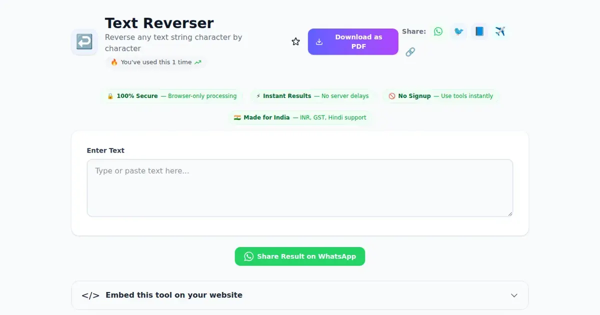 Text Reverser — Free Online Reverse any text string character by character Tool on SabTools.in
