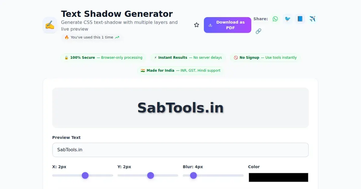 Text Shadow Generator — Free Online Generate CSS text-shadow with multiple layers and live preview Tool on SabTools.in