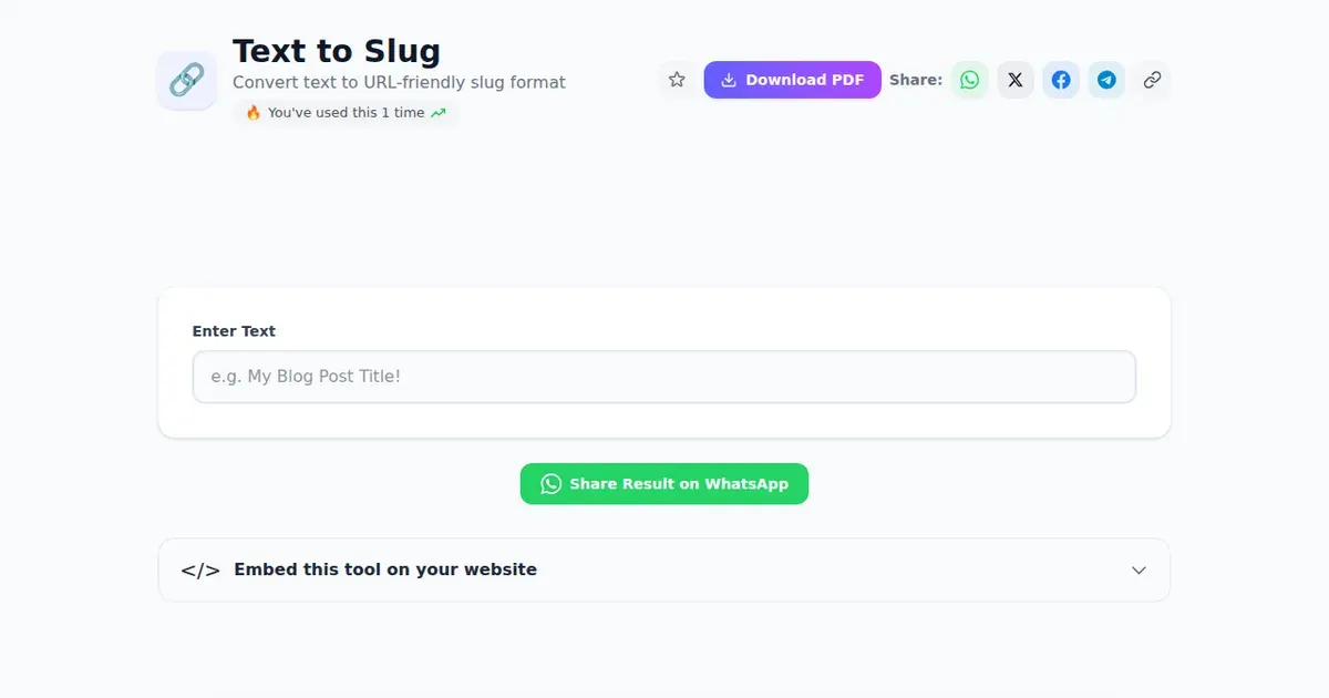 Text to Slug — Free Online Convert text to URL-friendly slug format Tool on SabTools.in