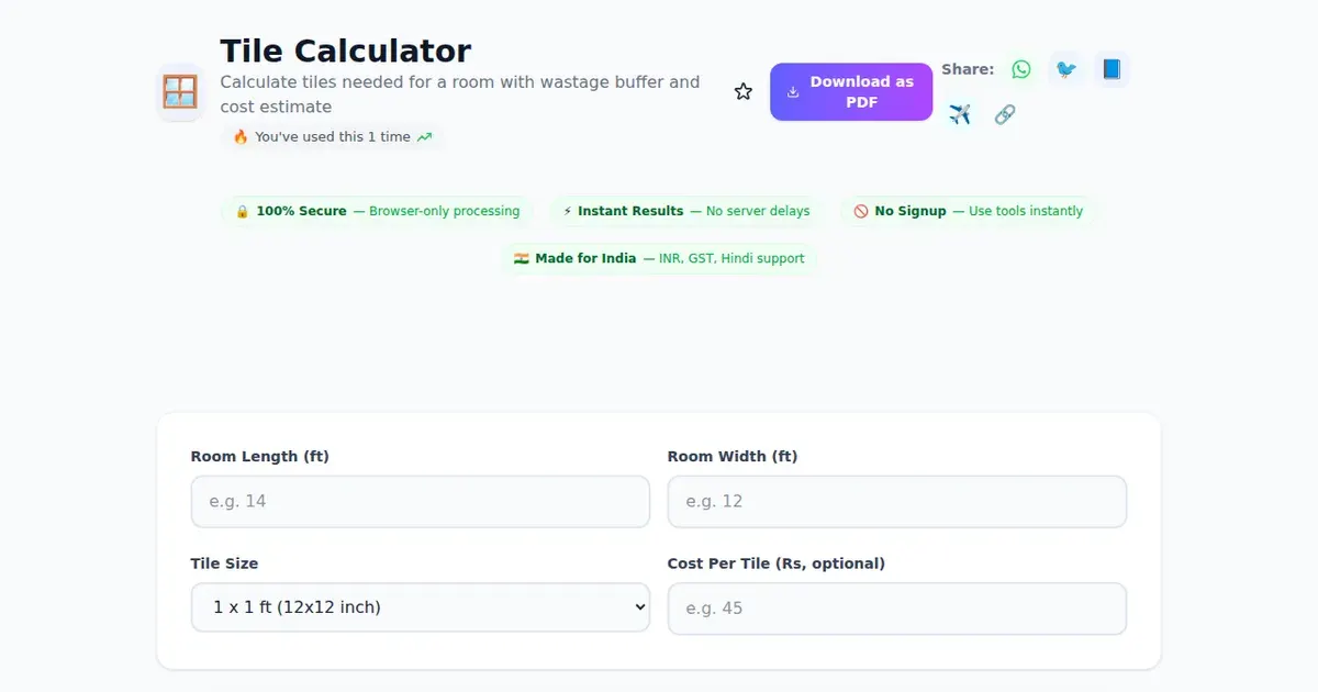 Tile Calculator — Free Online Calculate tiles needed for a room with wastage buffer and cost estimate Tool on SabTools.in