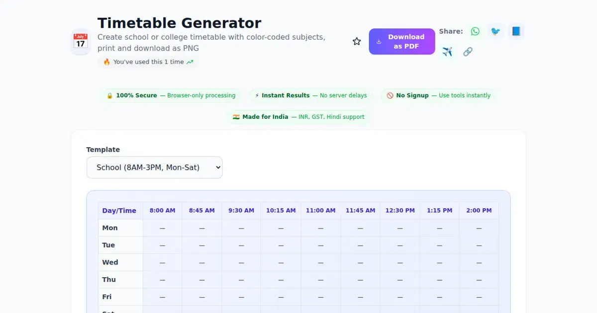 Timetable Generator — Free Online Create school or college timetable with color-coded subjects, print and download as PNG Tool on SabTools.in