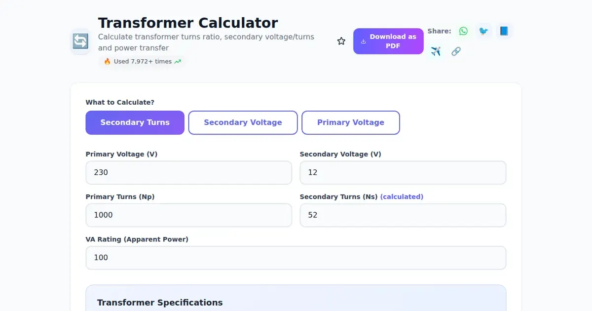 Transformer Calculator — Free Online Calculate transformer turns ratio, secondary voltage/turns and power transfer Tool on SabTools.in