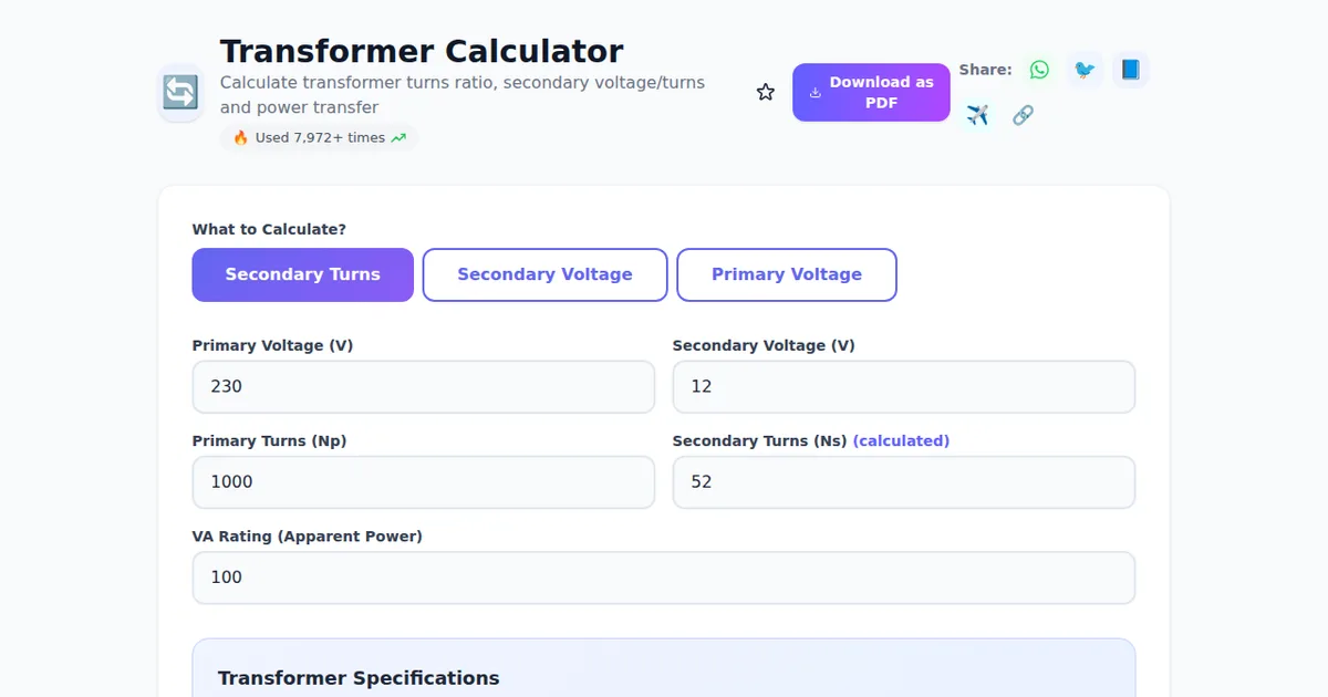 Transformer Calculator — Free Online Tool on SabTools.in