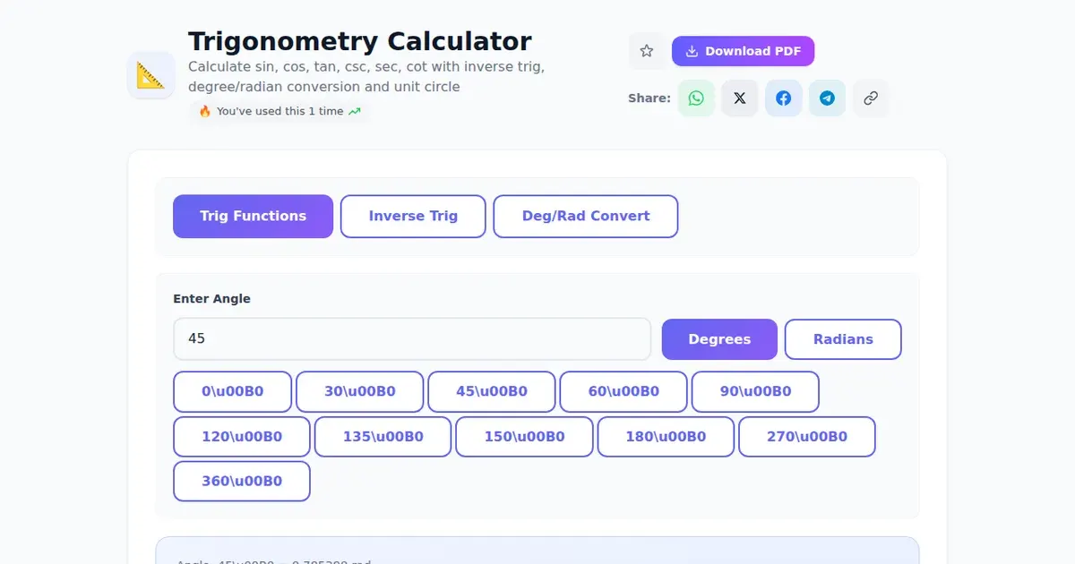 Trigonometry Calculator — Free Online Calculate sin, cos, tan, csc, sec, cot with inverse trig, degree/radian conversion and unit circle Tool on SabTools.in