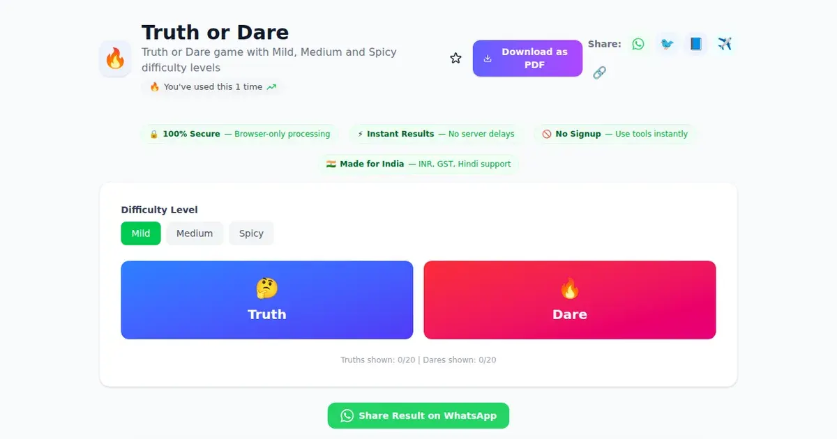 Truth or Dare — Free Online Truth or Dare game with Mild, Medium and Spicy difficulty levels Tool on SabTools.in