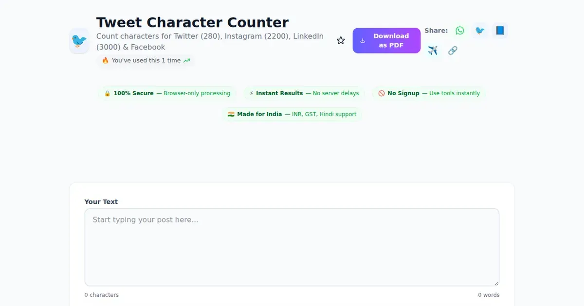 Tweet Character Counter — Free Online Count characters for Twitter (280), Instagram (2200), LinkedIn (3000) & Facebook Tool on SabTools.in