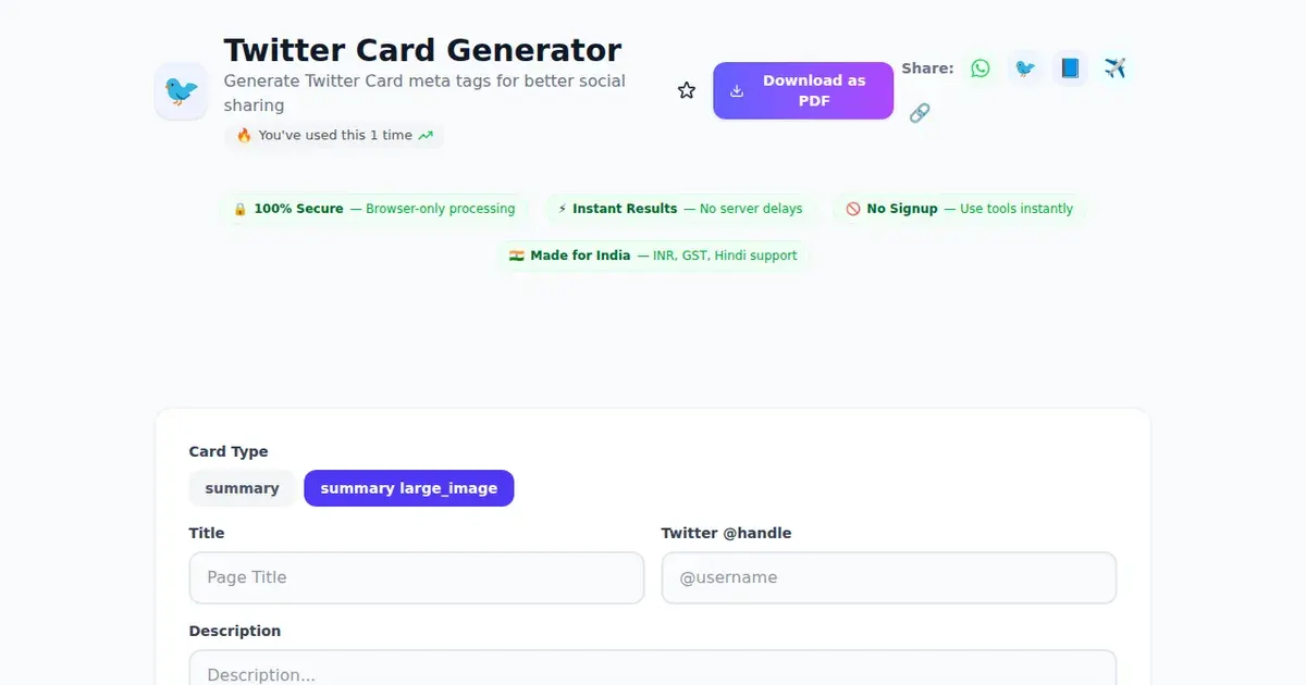 Twitter Card Generator — Free Online Generate Twitter Card meta tags for better social sharing Tool on SabTools.in