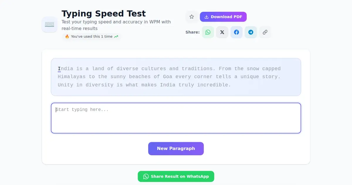 Typing Speed Test — Free Online Test your typing speed and accuracy in WPM with real-time results Tool on SabTools.in