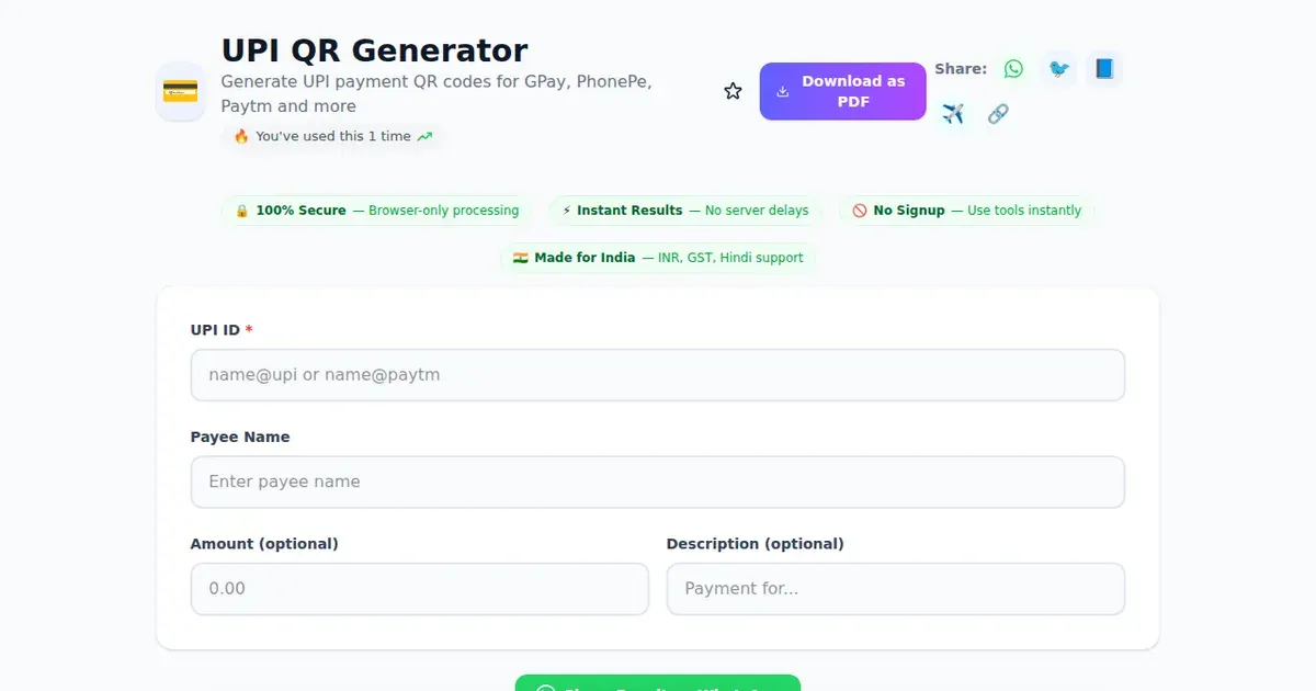UPI QR Generator — Free Online Generate UPI payment QR codes for GPay, PhonePe, Paytm and more Tool on SabTools.in