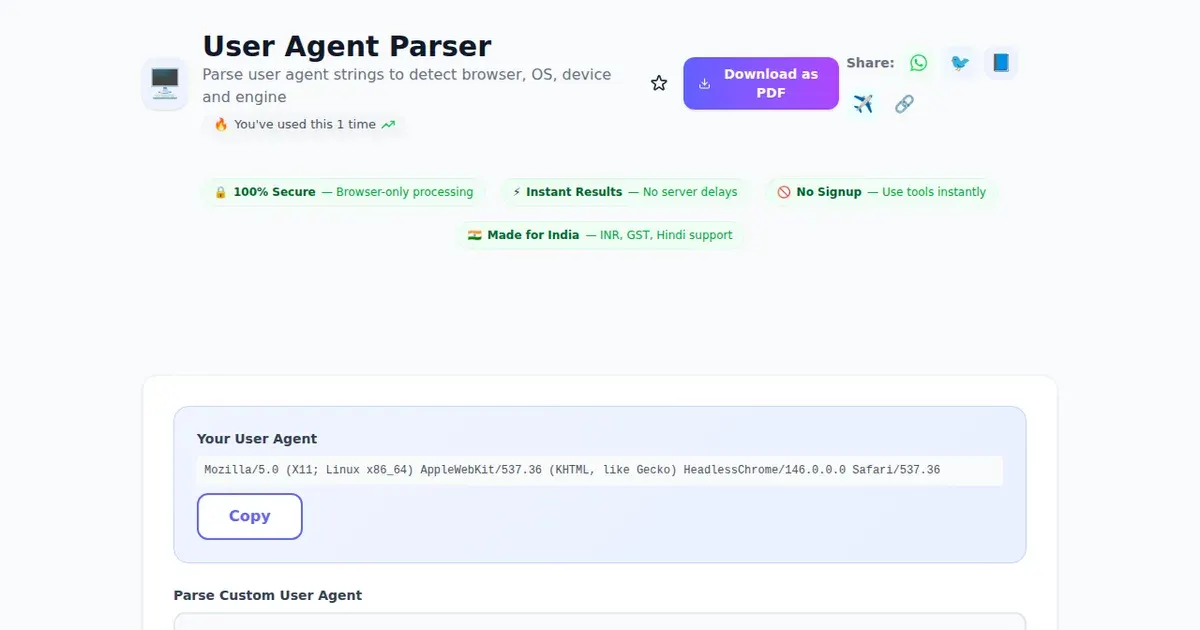 User Agent Parser — Free Online Parse user agent strings to detect browser, OS, device and engine Tool on SabTools.in