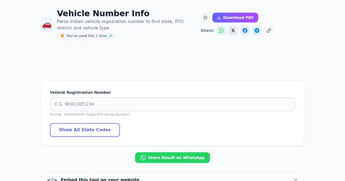 Vehicle Number Info — Free Online Parse Indian vehicle registration number to find state, RTO district and vehicle type Tool on SabTools.in
