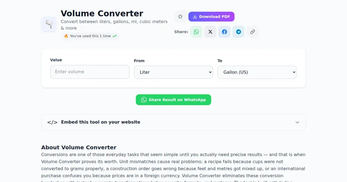 Volume Converter — Free Online Convert between liters, gallons, ml, cubic meters & more Tool on SabTools.in