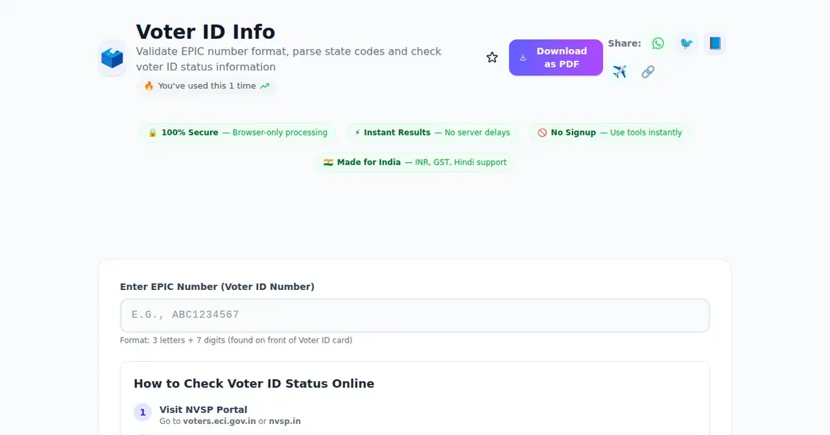 Voter ID Info — Free Online Validate EPIC number format, parse state codes and check voter ID status information Tool on SabTools.in