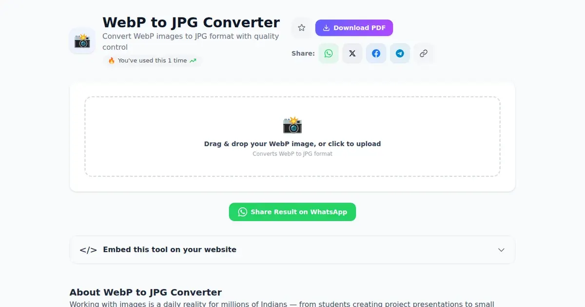 WebP to JPG Converter — Free Online Convert WebP images to JPG format with quality control Tool on SabTools.in