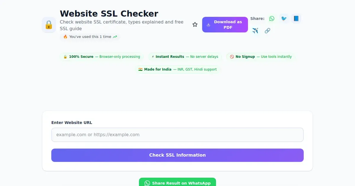Website SSL Checker — Free Online Check website SSL certificate, types explained and free SSL guide Tool on SabTools.in