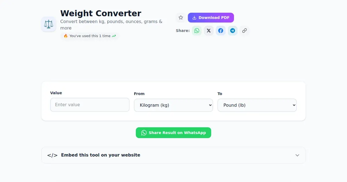 Weight Converter — Free Online Convert between kg, pounds, ounces, grams & more Tool on SabTools.in