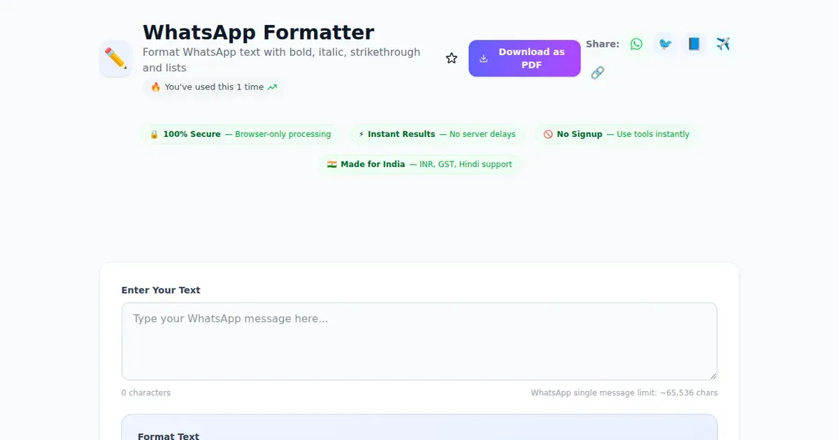 WhatsApp Formatter — Free Online Format WhatsApp text with bold, italic, strikethrough and lists Tool on SabTools.in