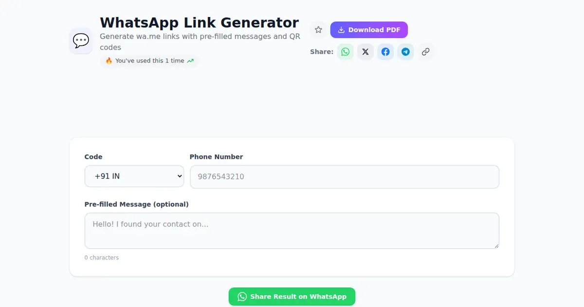 WhatsApp Link Generator — Free Online Generate wa.me links with pre-filled messages and QR codes Tool on SabTools.in