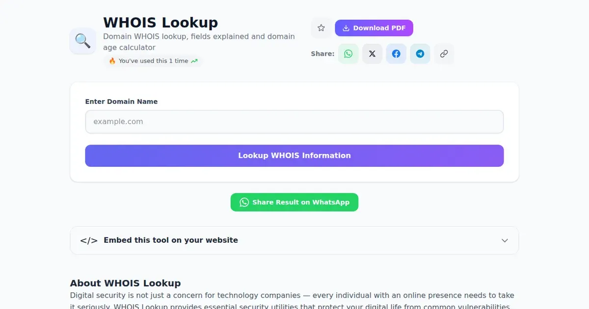 WHOIS Lookup — Free Online Domain WHOIS lookup, fields explained and domain age calculator Tool on SabTools.in